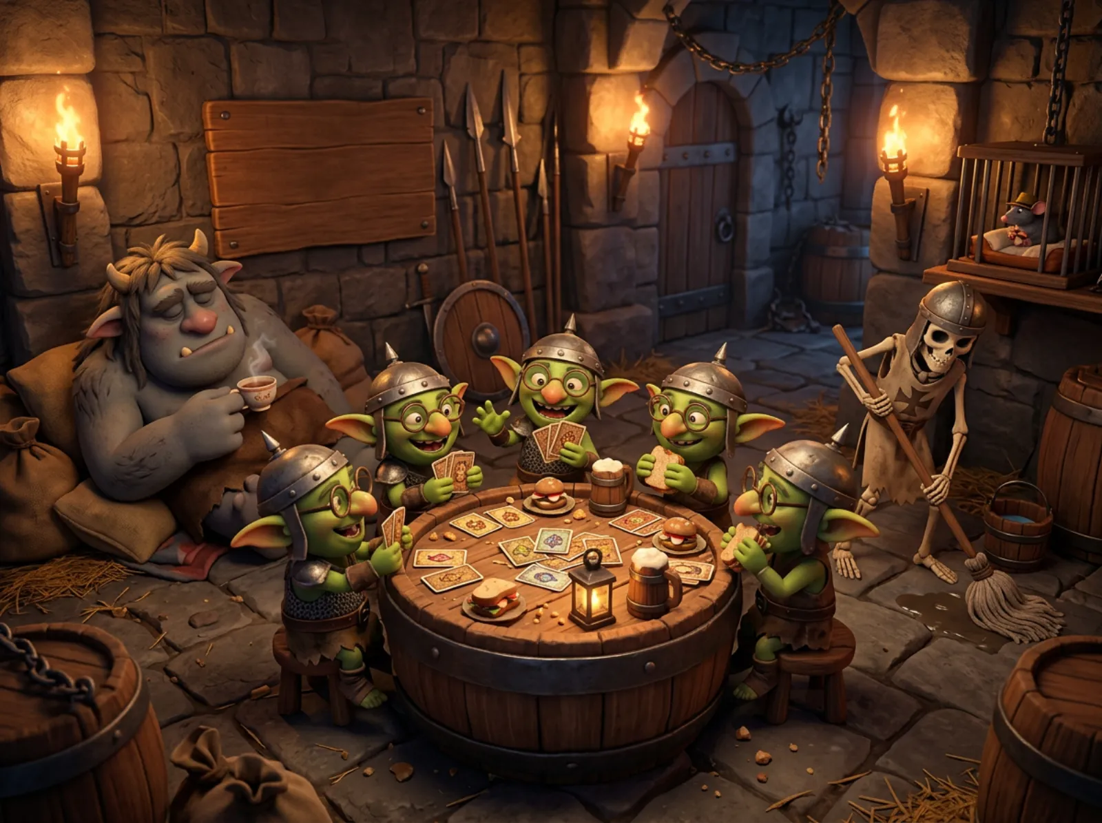 A torchlit guard room: bespectacled goblin minions in tiny helmets play cards around a barrel with sandwiches and mugs, a sleepy troll sips from a teacup, a skeleton mops the floor, a rat sits in a little cage and a blank board hangs on the wall.
