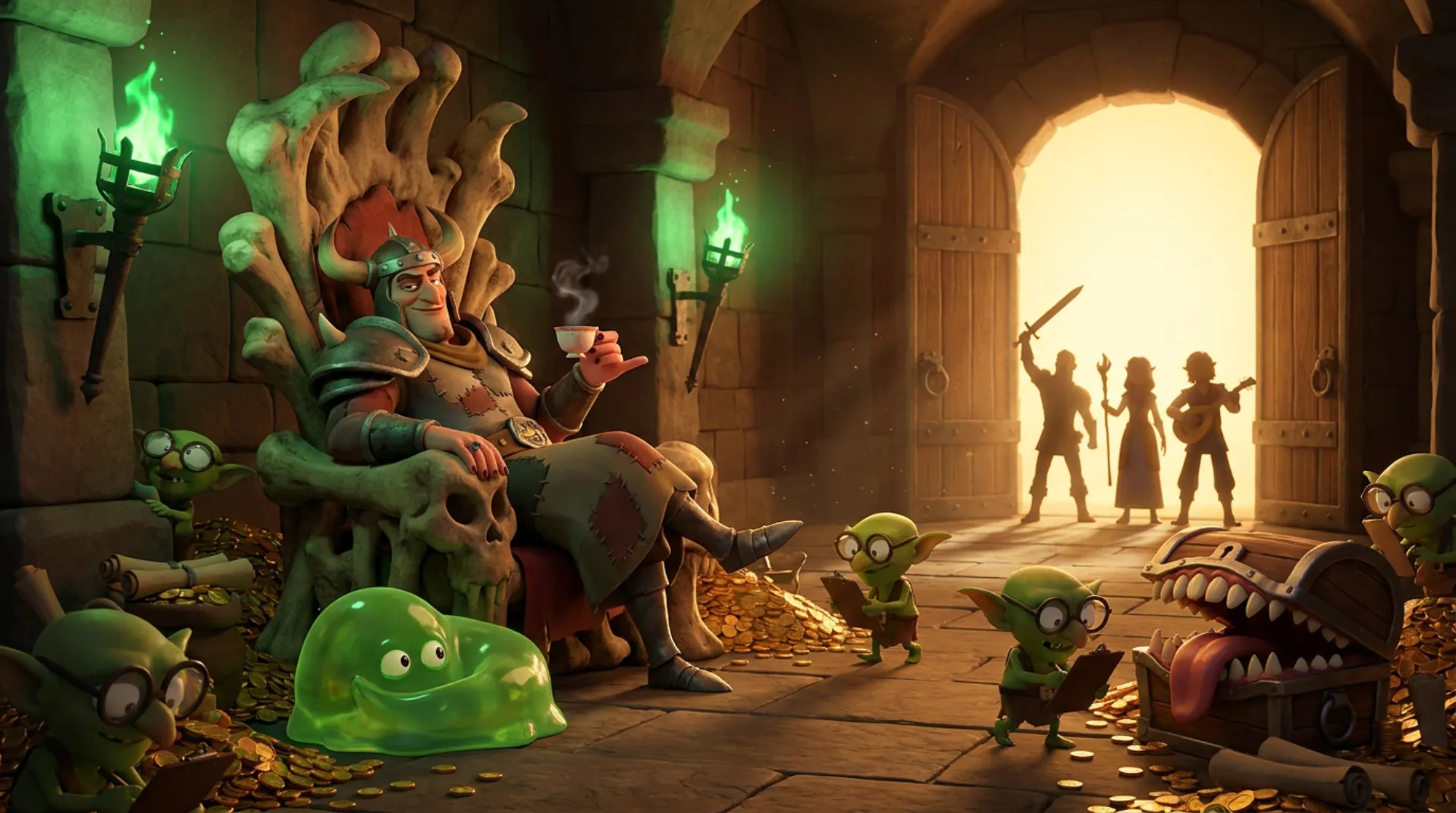 A smug horned dungeon lord lounges on a bone throne sipping tea, surrounded by bespectacled goblin clerks, a grinning green slime and a toothy mimic chest, while a backlit party of heroes with a sword, staff and lute appears in the great doorway.